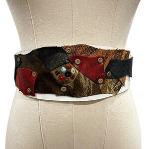 Women’s Simboli Leather Patchwork Waist Belt White Stones 26-28” 3.5” Snake art
